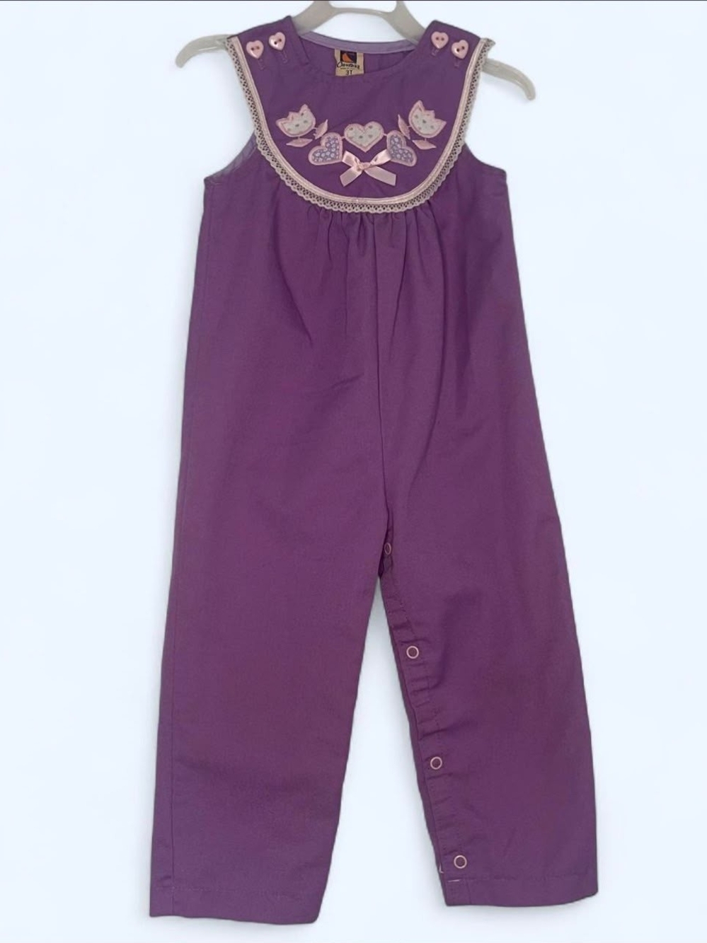 Vintage 80s Carter's Toddler Girl Jumpsuit Purple Floral Heart Embroidery Sz 3T